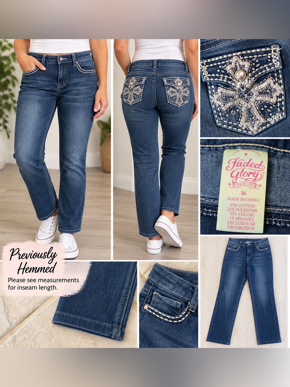Faded Glory Women’s Embellished Jeans Size 16 Hemmed Bling Cross Pockets